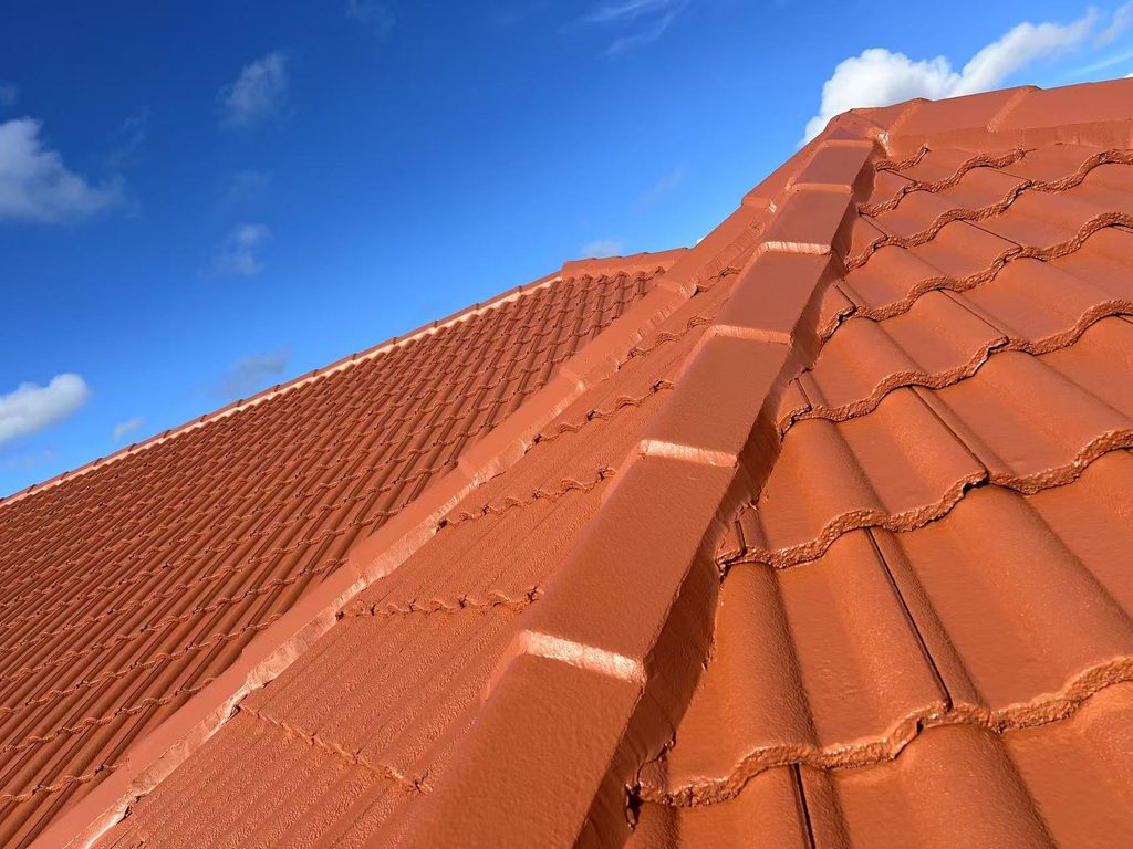 Restored terracotta-coloured tile roof and ridge detailing